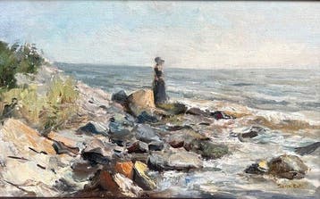 J.M ten Kate (1859-1896) - Deftige dame uitkijken over zee