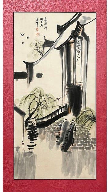 Landschap - inkt en kleur op papier; hangende rol - Wu