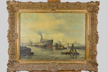 Havengezicht Haven van Rotterdam – Siem Schaeffer (19..., Ophalen, Maritiem / water, Doek, Olieverf