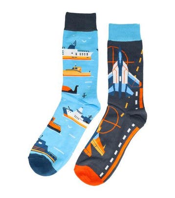Sokken katoen - vliegtuig boten print - grijs blauw - maat, Nieuw