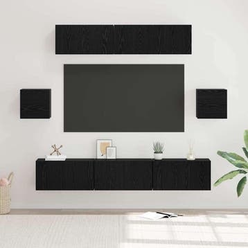 vidaXL Tv-meubelset 7 st Zwart Eiken Bewerkt hout, Minder dan 50 cm, Verzenden, Nieuw, Minder dan 100 cm