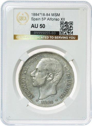 Spanje. Alfonso XII. 5 Pesetas 1884 - GBCA AU50