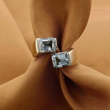 18 Krt. Witgouden Toi et moi ring met aquamarijn, Gebruikt, Ophalen of Verzenden, Kleiner dan 17, Met edelsteen