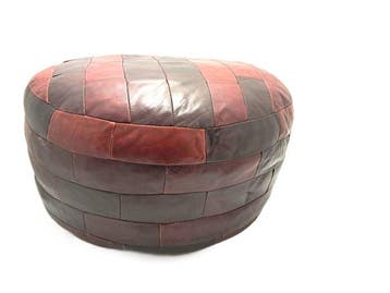 Poef - Leder - Patchwork, Antiek en Kunst