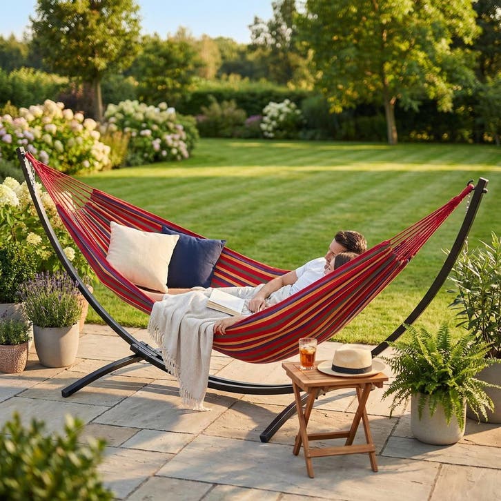 Hangmat Standaard Zwart | 220kg | Nieuw | OP=OP, Tuin en Terras, Hangmatten, Met standaard, Buiten, Nieuw, Meerpersoons, Ophalen of Verzenden