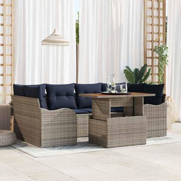 vidaXL Tuin Sofa Set 7 st grijs en marineblauw, Verzenden, Nieuw, Rotan, 7 zitplaatsen