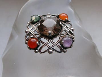 Zilver, Rookkwarts - Amethist - Mosagaat - Carneool - Broche
