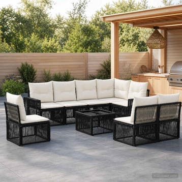 vidaXL Tuinbankenset 9 st Zwart en Cream Wit poly rattan, Tuin en Terras, Verzenden, Nieuw, Meer dan 8 zitplaatsen