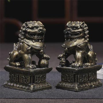 Set van 2 Chinese Leeuwen Beelden - Fu Dogs - Brons & Jade S, Verzenden