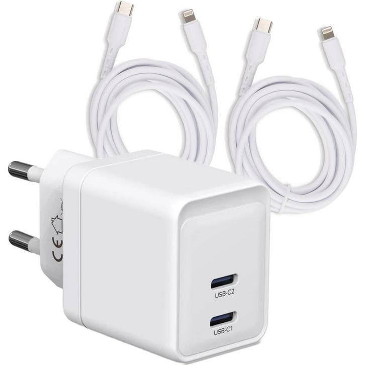 USB-C Snellader 35W + 2x Lightning Kabel - 1M - Geschikt, Telecommunicatie, Mobiele telefoons | Telefoon-opladers, Ophalen of Verzenden