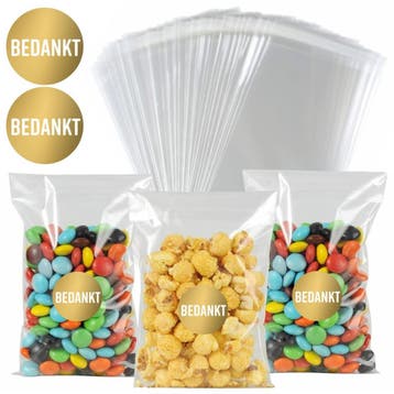 50x Uitdeelzakjes + 60 Stickers Bedankt Goudfolie - Zakjes, Verzenden, Nieuw