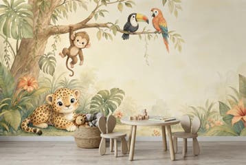 Jungle behang kinderkamer – aap en luipaard fotobehang, Verzenden, Fotobehang