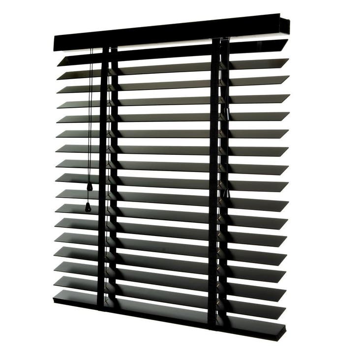 Zwarte Houten Jaloezieën – 50mm – Op Maat met band, Huis en Inrichting, Stoffering | Gordijnen en Lamellen, Zwart, Nieuw, 200 cm of meer