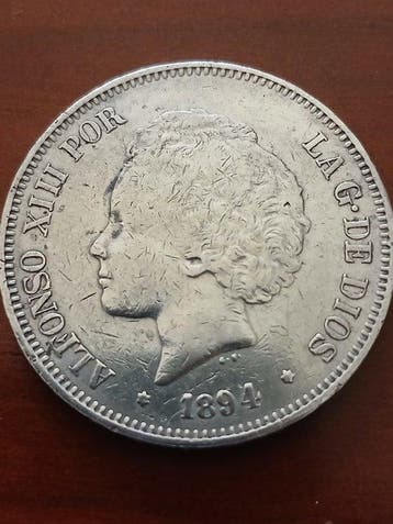 Spanje. Alfonso XIII. 5 Pesetas 1894 PGV (Zonder