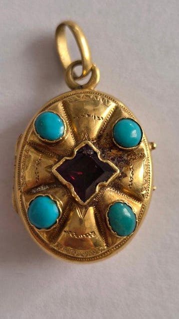 Medaillon - 18 karaat Geel goud Granaat - Turquoise - Hanger