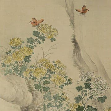 chrysanten en herfstgrassen bij een bergstroom, met vlinders