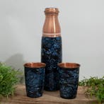 Puur koperen set van fles bloemenprint blauw ± 950 ml met 2, Ophalen of Verzenden, Nieuw