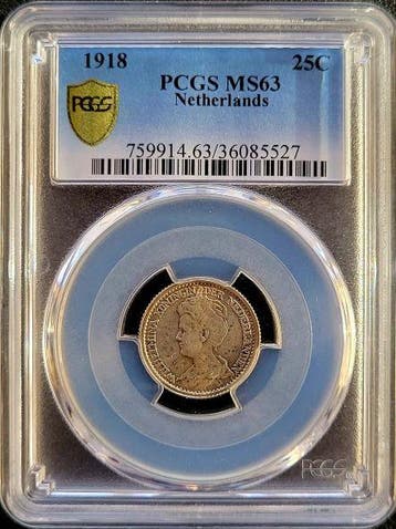 Koningin Wilhelmina 25 cent 1918 MS63 PCGS gecertificeerd, Verzenden, Zilver, 25 cent, Koningin Wilhelmina
