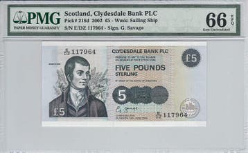 2002 Scotland 5 Pounds Pick 218d Pmg Gem Unc 66 Epq, Postzegels en Munten, Bankbiljetten | Europa | Niet-Eurobiljetten, Verzenden