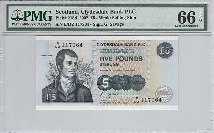 2002 Scotland 5 Pounds Pick 218d Pmg Gem Unc 66 Epq, Postzegels en Munten, Bankbiljetten | Europa | Niet-Eurobiljetten, Verzenden