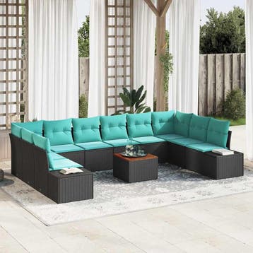 vidaXL Tuin Sofa Set 11 st Zwart en turquoise, Verzenden, Nieuw, Rotan, Meer dan 8 zitplaatsen