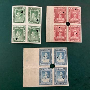 Newfoundland 1938 - Proeven ; drie blokken van vier ongetand, Postzegels en Munten, Gestempeld