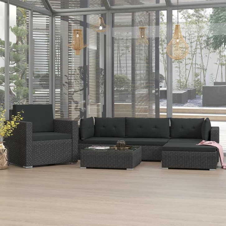 vidaXL 6-delige Loungeset met kussens poly rattan zwart, Tuin en Terras, Tuinsets en Loungesets, Loungeset, Nieuw, 6 zitplaatsen
