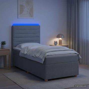 vidaXL LED Boxspring Bed met Matras Lichtgrijs 90 x 190 cm, Verzenden, Nieuw, Eenpersoons, Stof