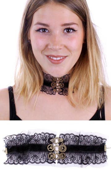 KIMU® Choker Ketting Zwart Kant Kraagje Velvet Roos Kanten Z, Kunststof, Verstelbaar, Zwart, Nieuw