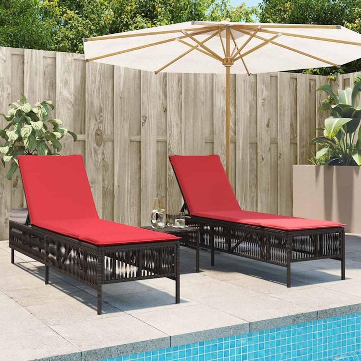 vidaXL Ligstoelen 2 stuks met tafel Bruin Poly Rotan, Tuin en Terras, Ligbedden, Nieuw, Verzenden