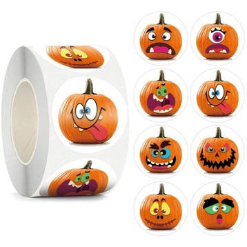 500 Stickers Op Rol - 2.5cm - Crazy Pompoen 2 - Halloween -, Verzenden, Nieuw