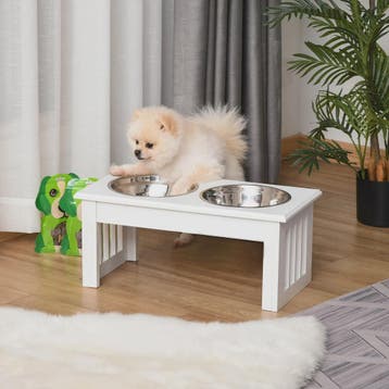 Verhoogde Dubbele Voerbak voor Honden met RVS kommen - Wit, Verzenden, Nieuw