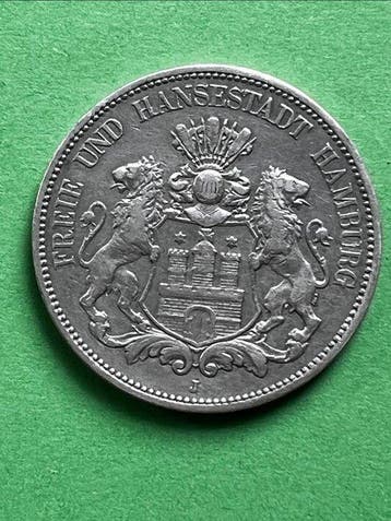 Duitsland, keizerrijk Hamburger Stadtwappen. 5 Mark 1896 J, Postzegels en Munten, Munten | Europa | Niet-Euromunten