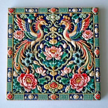 Antieke replica keramische plaquette - dubbele Fenghuang en