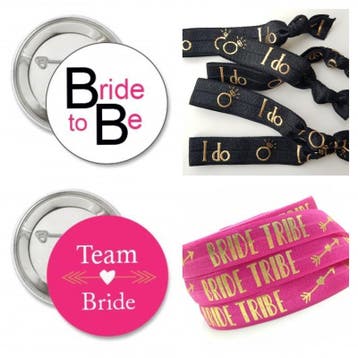 Het Vrijgezellenteam buttons paars 6x en 1x Bride to Be wit, Verzenden, Nieuw, Versiering, Geboorte of Huwelijk