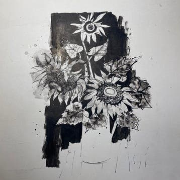Yves Ganne (1931-2019) - Bouquet de tournesols, fleurs, Antiek en Kunst