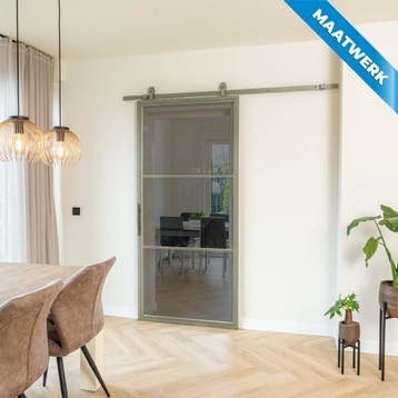 Stalen Schuifdeur 3 Vlaks Olijfgroen Maatwerk Rook glas, Nieuw, Metaal, Inclusief glas