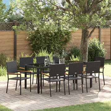 vidaXL Tuin eettafelset 9 pcs Zwart poly rattan, Tuin en Terras, Tuinstoelen, Verzenden, Nieuw, Rotan