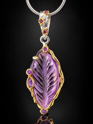 Amethist Blad Ketting - 925 Zilver Goud Verguld - Rhodoliet
