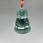 Snijwerk, Guanyin Pendant - 46 mm - Gecertificeerde jadeiet