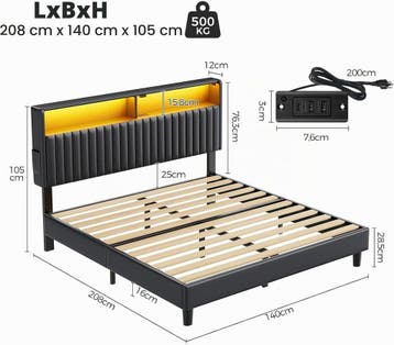 Bedframe met lattenbodem - 140x200 cm - Metaal - Zwart - Rol, Verzenden, Zo goed als nieuw