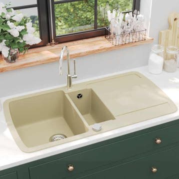 vidaXL Gootsteen dubbele bakken graniet beige, Verzenden, Nieuw