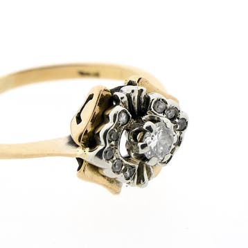 Vintage bicolor ring met zirconia en diamant 0,14 ct., 18 tot 19, Gebruikt, Overige kleuren, Ophalen of Verzenden