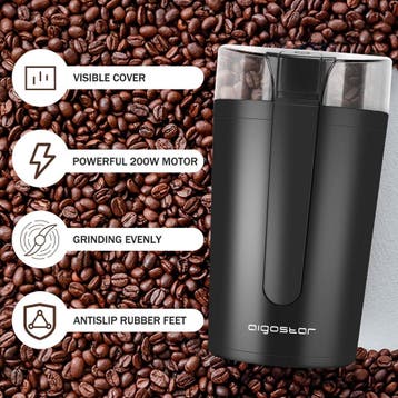 Koffiemolen elektrisch - Koffiemaler - 200W - Zwart - Aigost, Verzenden, Zo goed als nieuw