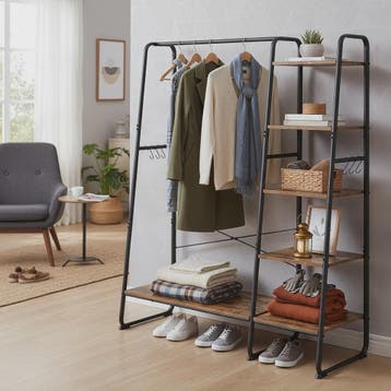 Stijlvolle Kledingrek met 6 Haken en Opbergplanken - 120x45x, Verzenden, Nieuw