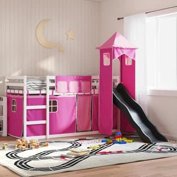 vidaXL Stapelbed met glijbaan en gordijnen roze 90x200 cm, 90 cm, Eenpersoons, Verzenden, Nieuw