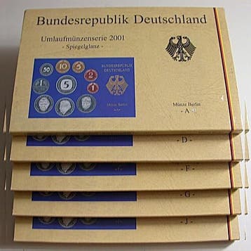 5 x 1 Pfennig 5 duitse Mark, 12,68 Dm 2001 A,d,f,g,j Kurs..., Verzenden