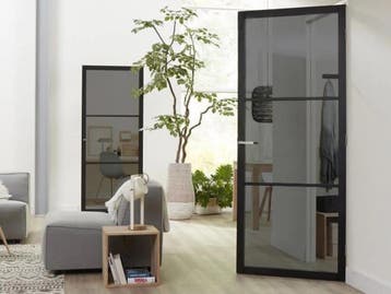 Staal look binnendeur met glas - Zwart gegrond - Rook glas, Ophalen of Verzenden, Nieuw, Glas, Binnendeur