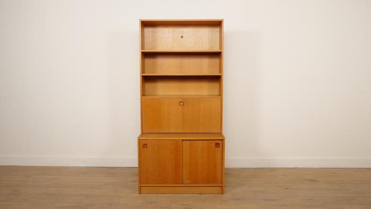 Vintage wandkast | Boekenkast | Eiken | Schuifdeuren, Huis en Inrichting, Kasten | Wandmeubels, Ophalen of Verzenden