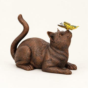 Beeldje - Kat met vlinder - Brons, Antiek en Kunst